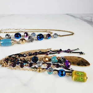 Glass Bead Tassel Necklace Long Vibrant Oil Slick Purple Blue Green Cera…